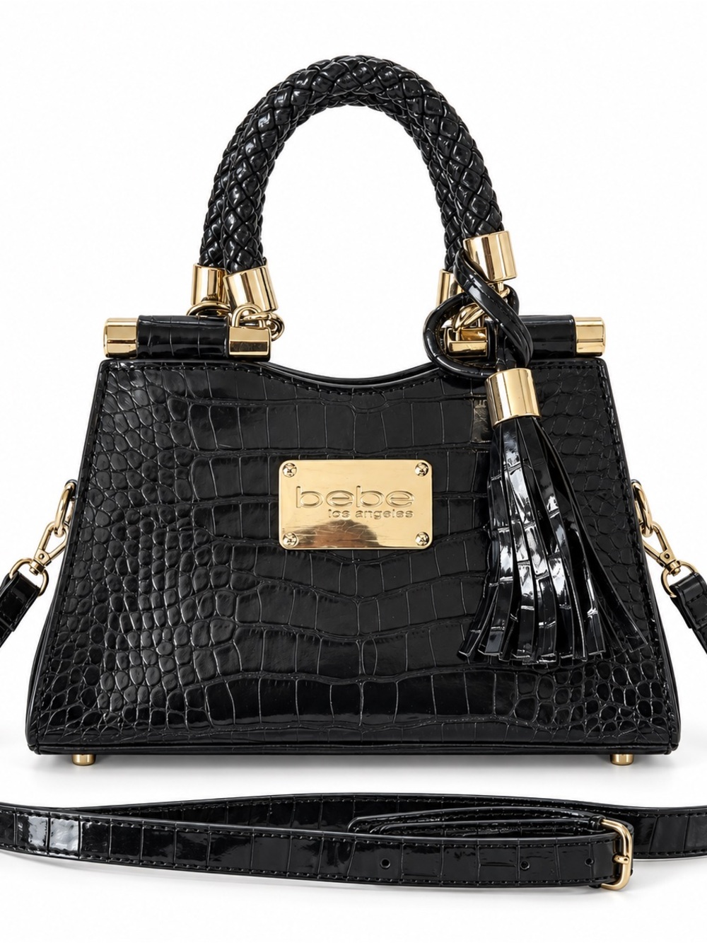bebe Black Croc-Embossed Top Handle Satchel with Tassel
